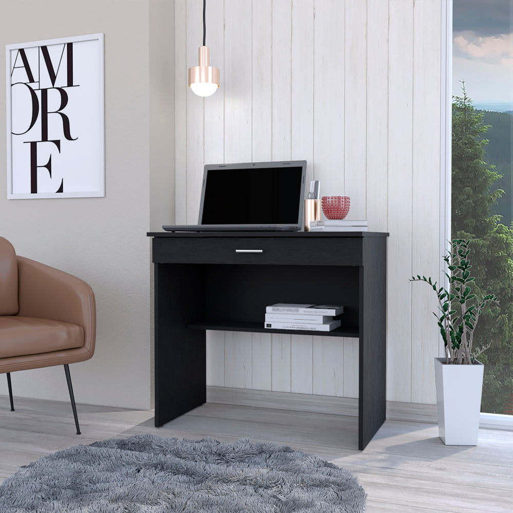 Black wooden compact computer desk with a silver drawer pull and open shelf for study