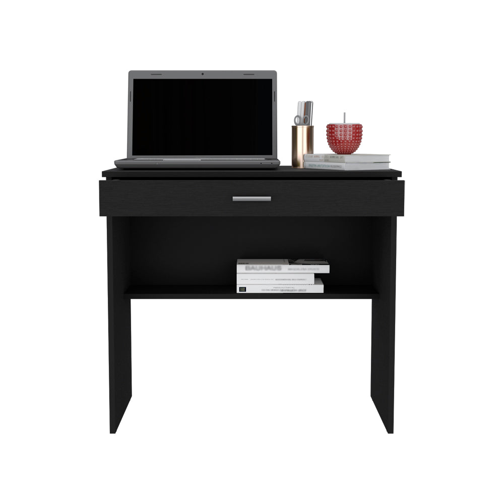 Modern black writing desk with laptop drawer and open shelf for books