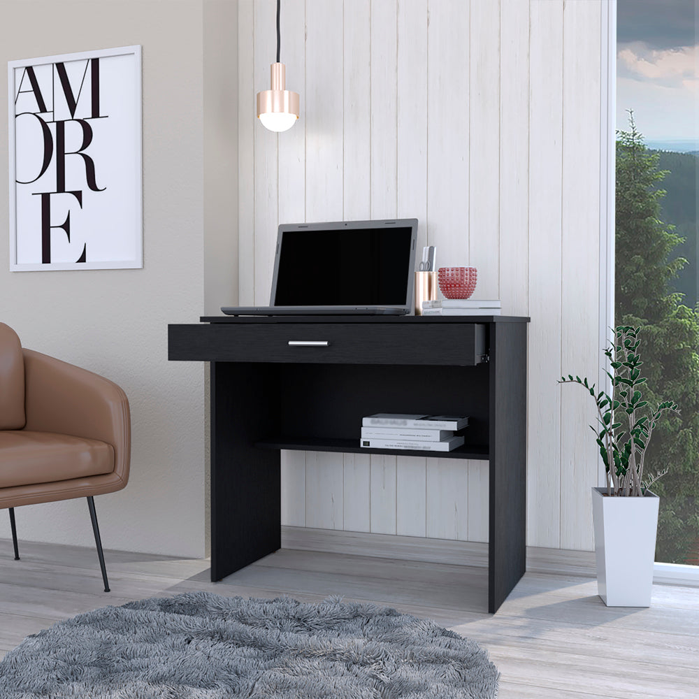 Sleek black writing desk with a single drawer and open shelf ideal for home office setups
