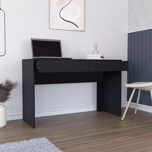 Sleek black minimalist desk with laptop and two drawers for home office