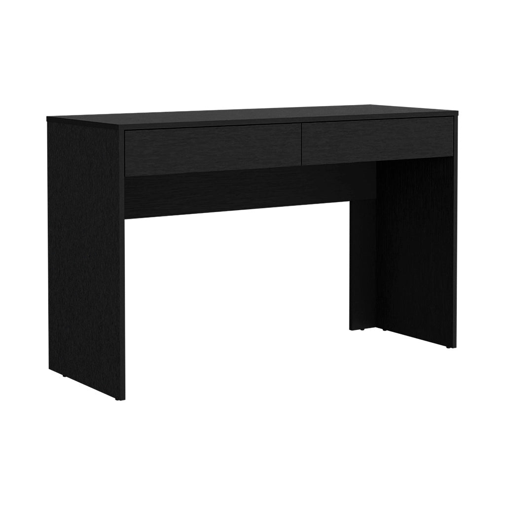 Sleek black desk with two drawers ideal for modern home offices