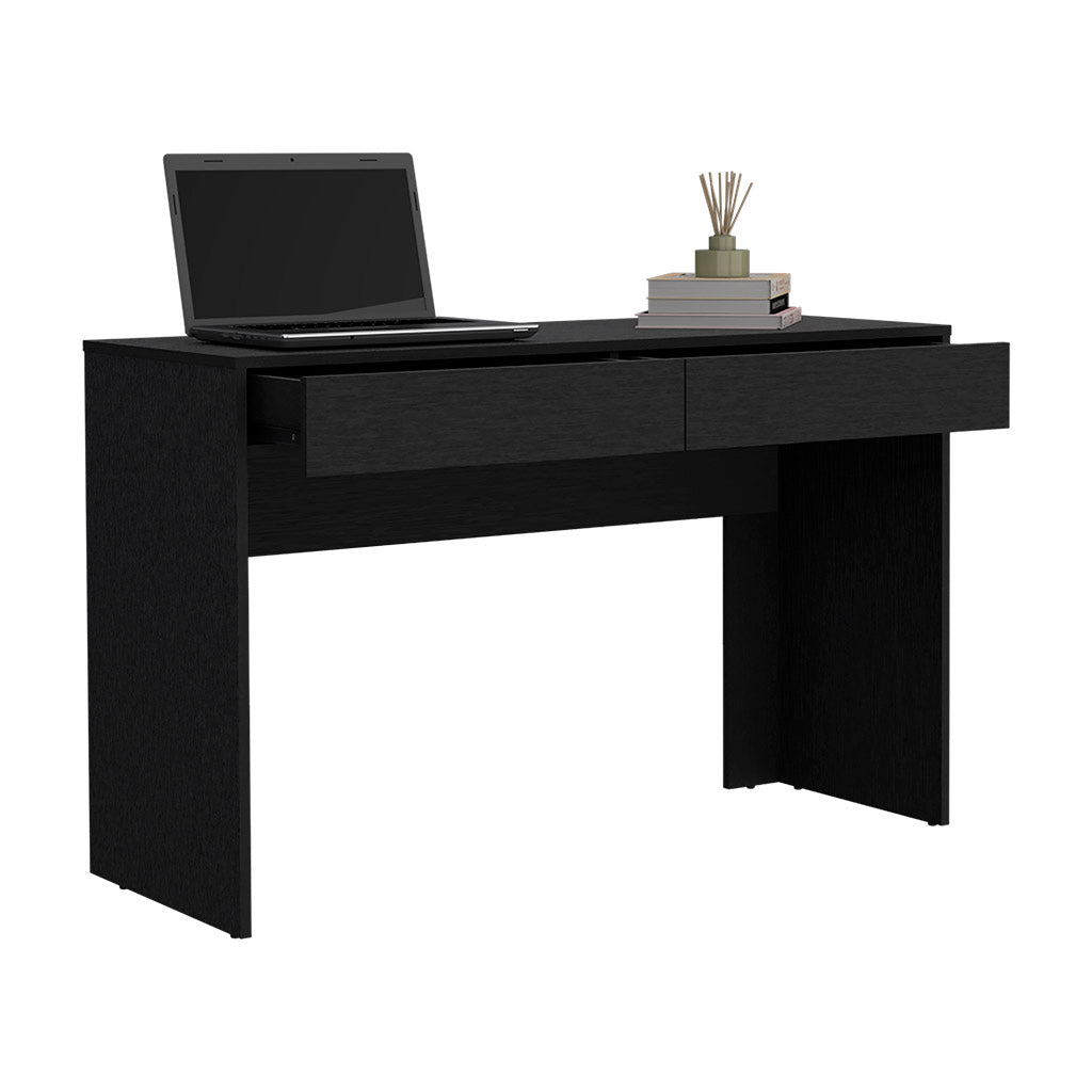 Black wooden computer desk with two drawers laptop and books