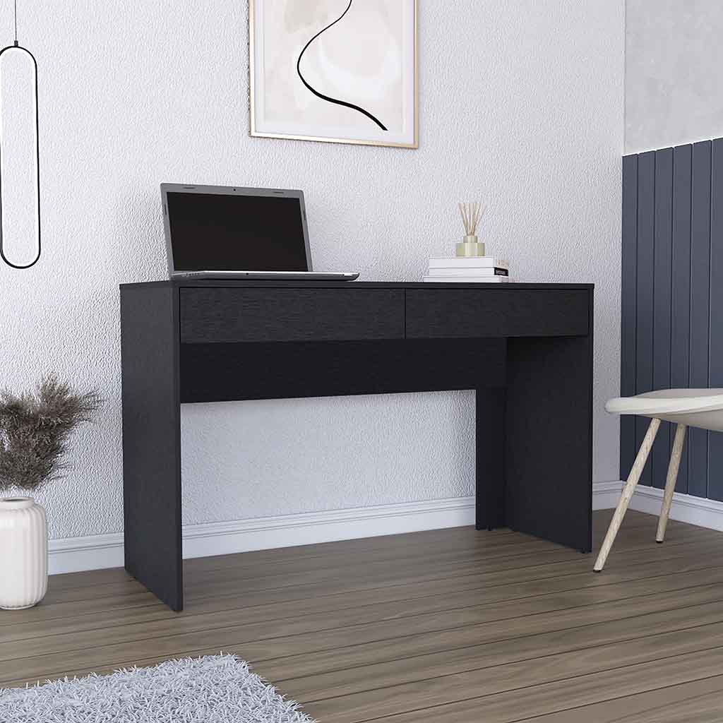 Sleek black modern writing desk with two drawers perfect for home office use