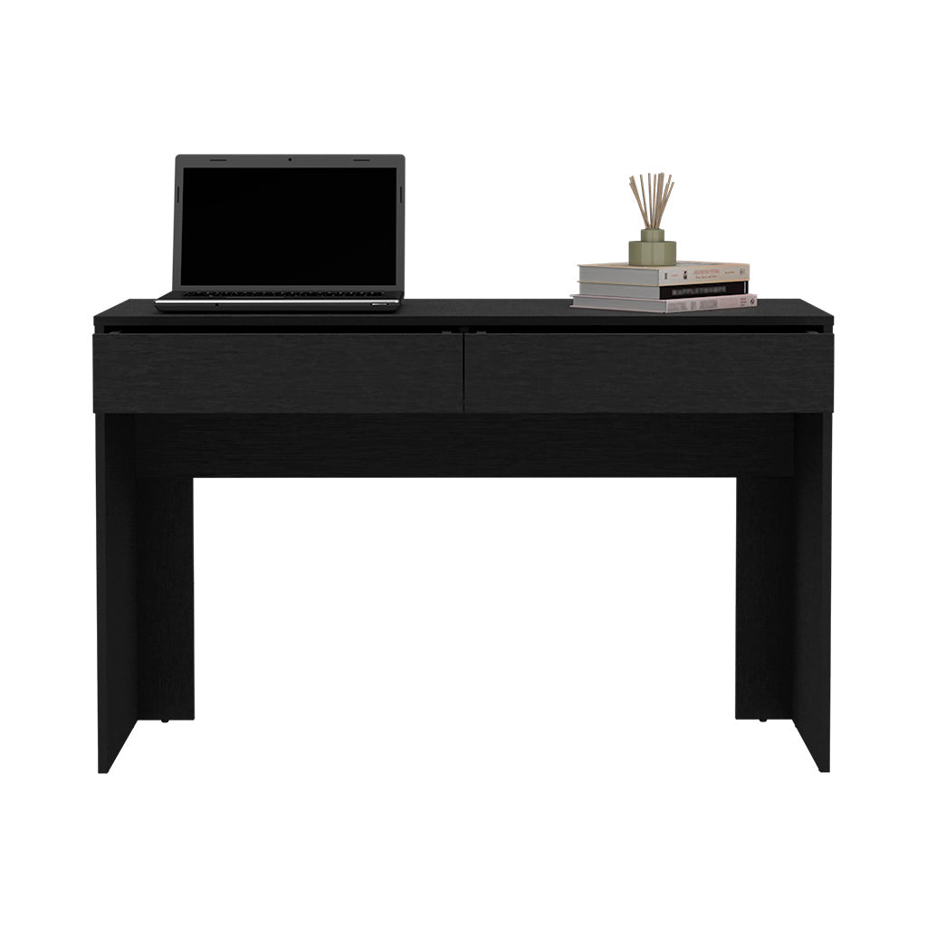 Sleek black modern writing desk with two drawers and a laptop