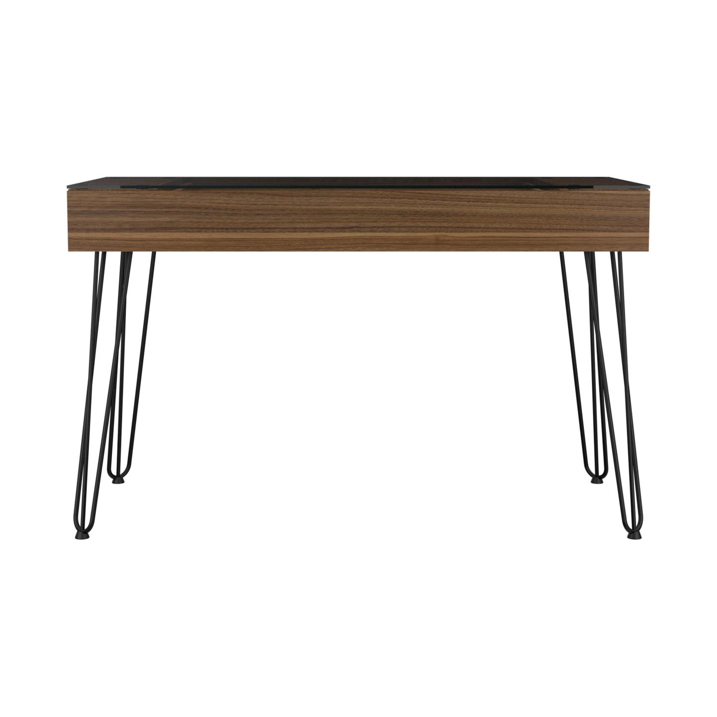 Walnut wood drawer desk with black hairpin legs and a dark wood finish