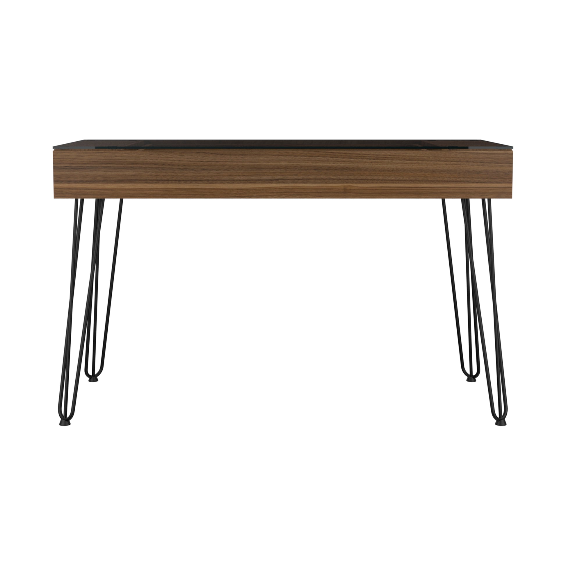 Walnut wood drawer desk with black hairpin legs and a dark wood finish