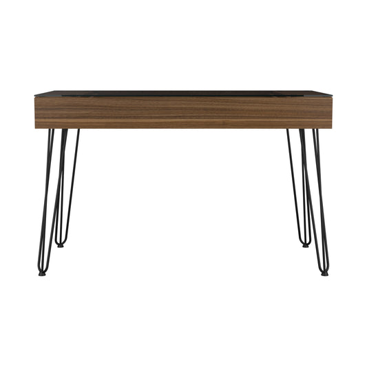 Walnut wood drawer desk with black hairpin legs and a dark wood finish
