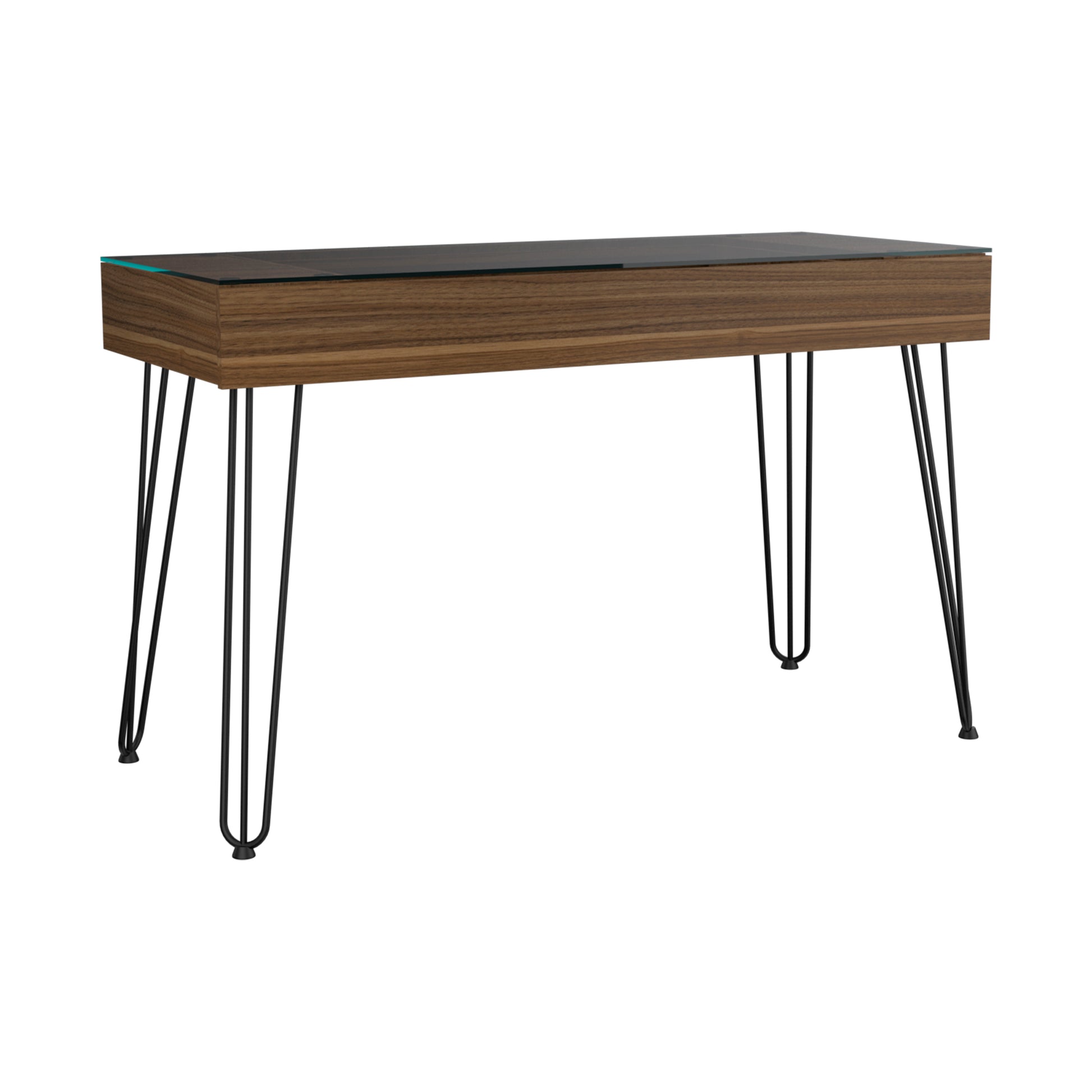 Walnut veneer console table with tempered glass top and black hairpin legs