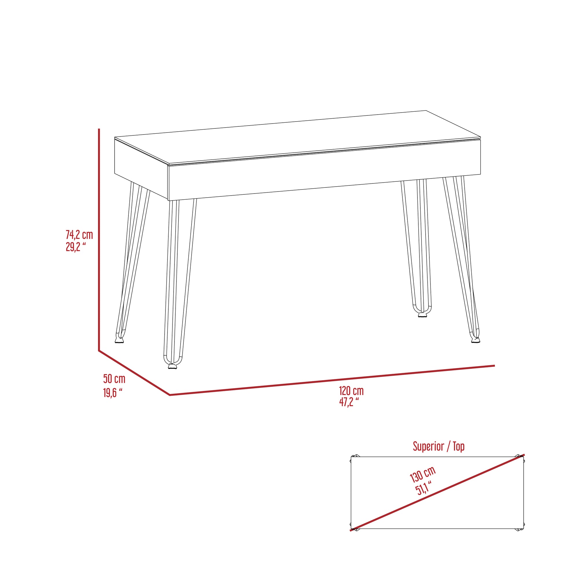 Line drawing of a modern white desk with tapered legs and dimensions indicated
