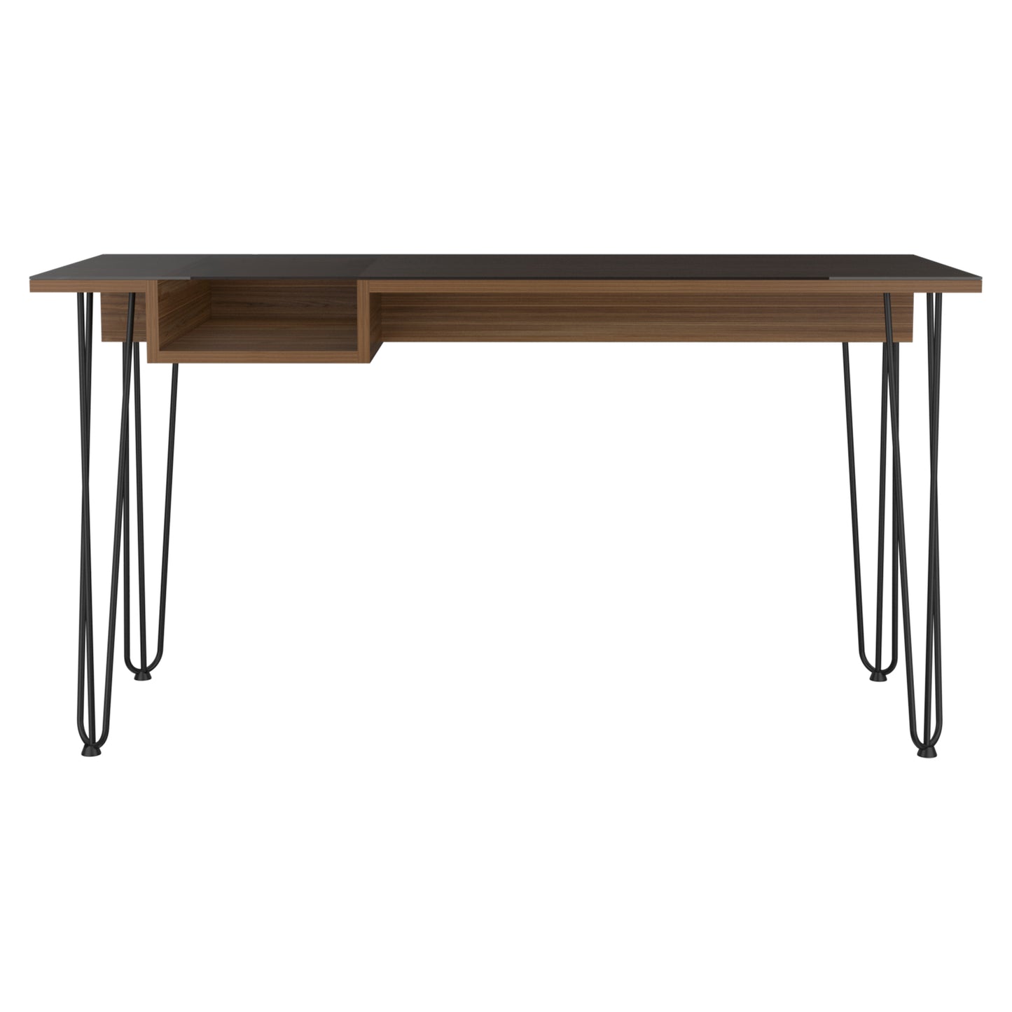 Modern writing desk with walnut finish black metal hairpin legs and builtin shelf