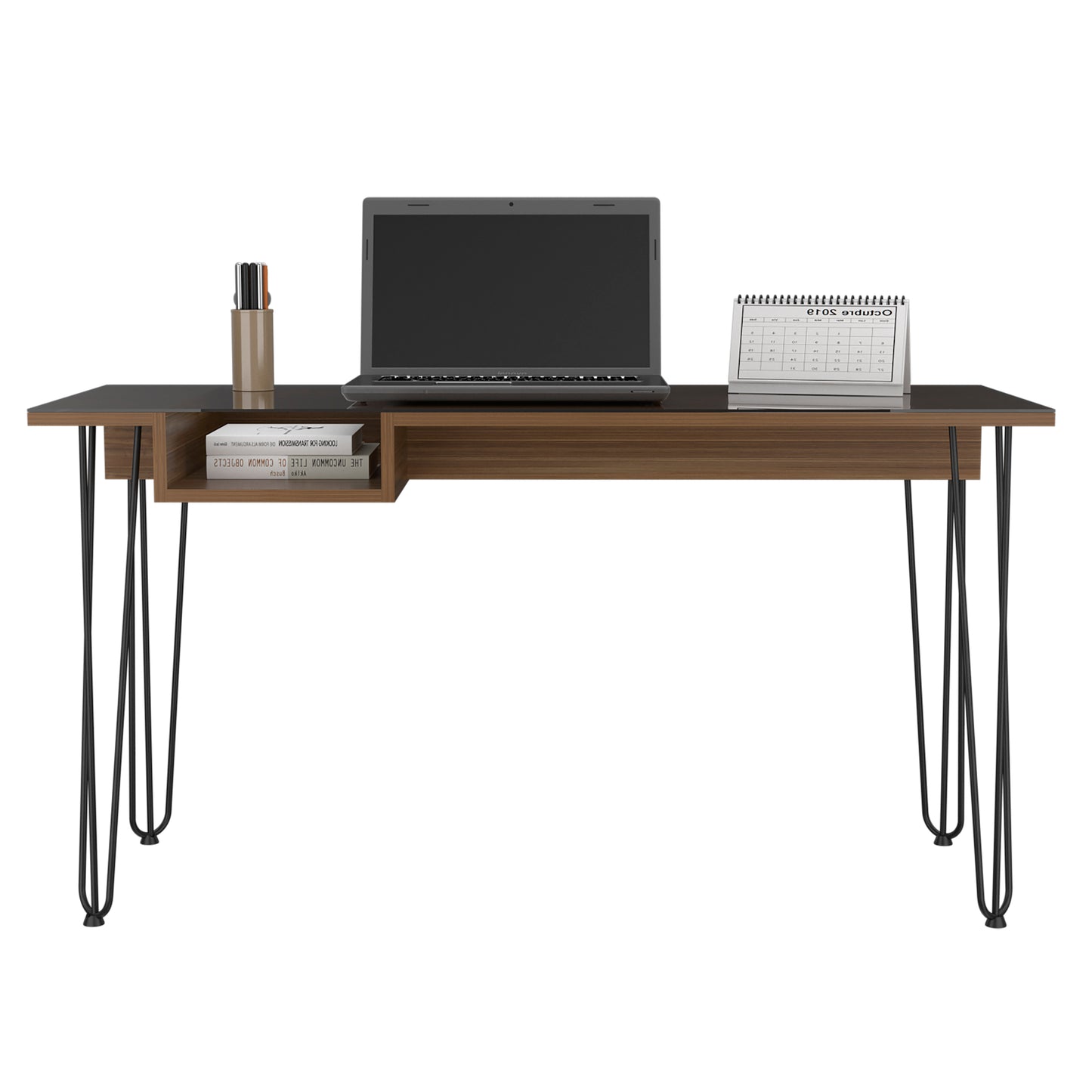Walnut and black glass writing desk with open shelf laptop and calendar