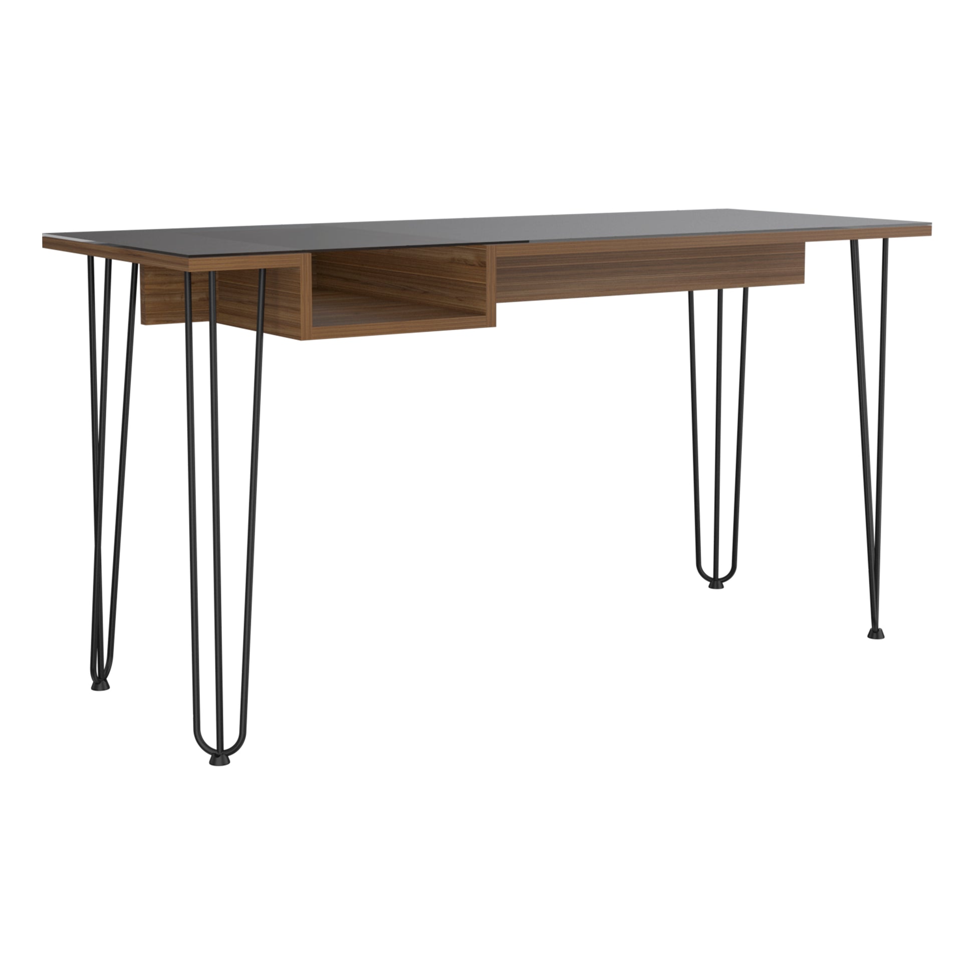 Midcentury modern desk with black glass top walnut wood finish and hairpin legs