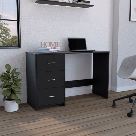 Black modern desk with three drawers and a laptop for home office use