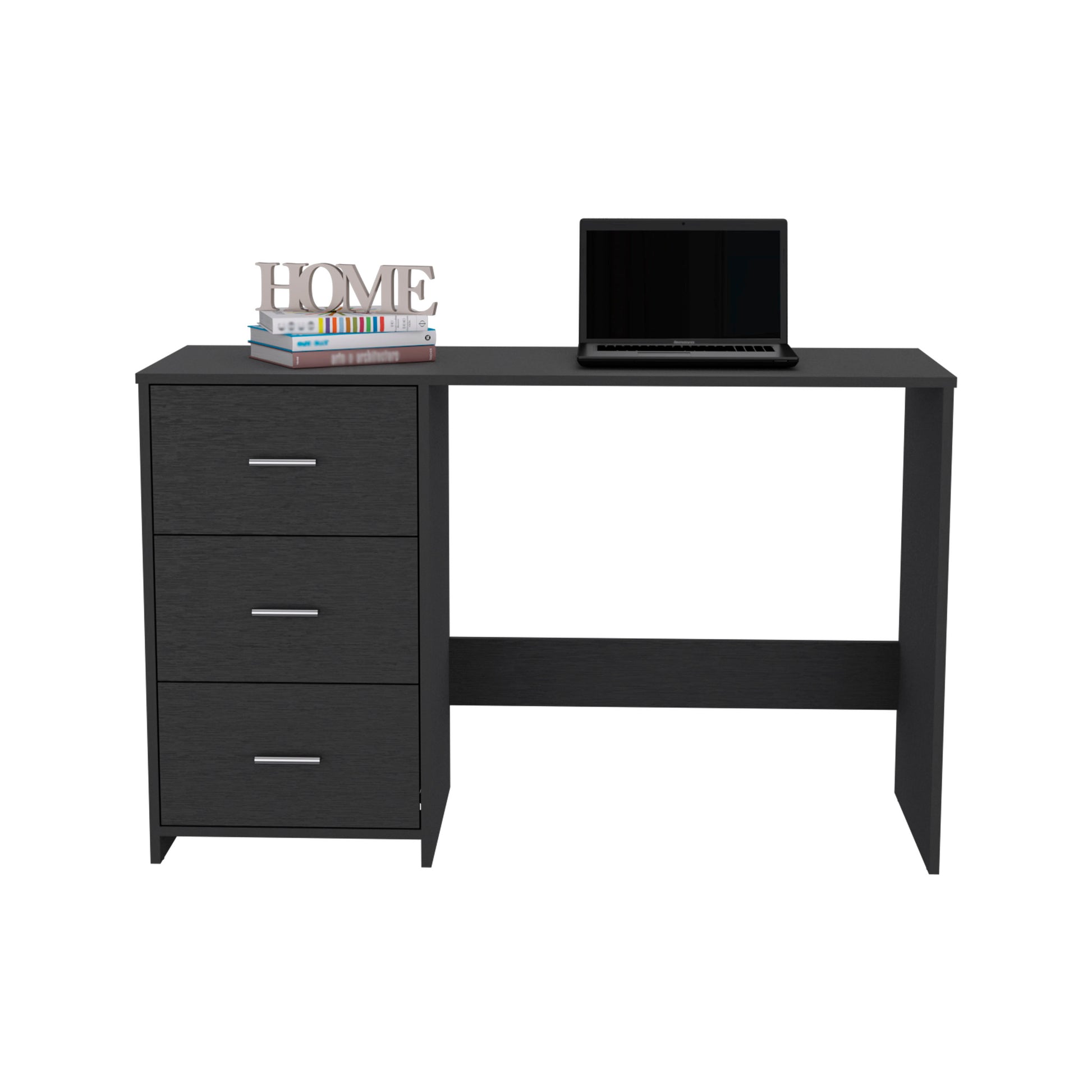 Dark gray wooden computer desk with three drawers and silver handles holding a laptop