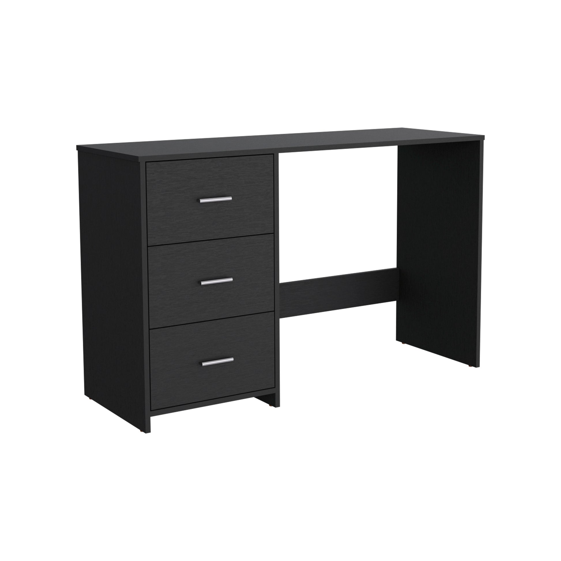 Sleek black desk with three drawers and silver handles perfect for a modern office