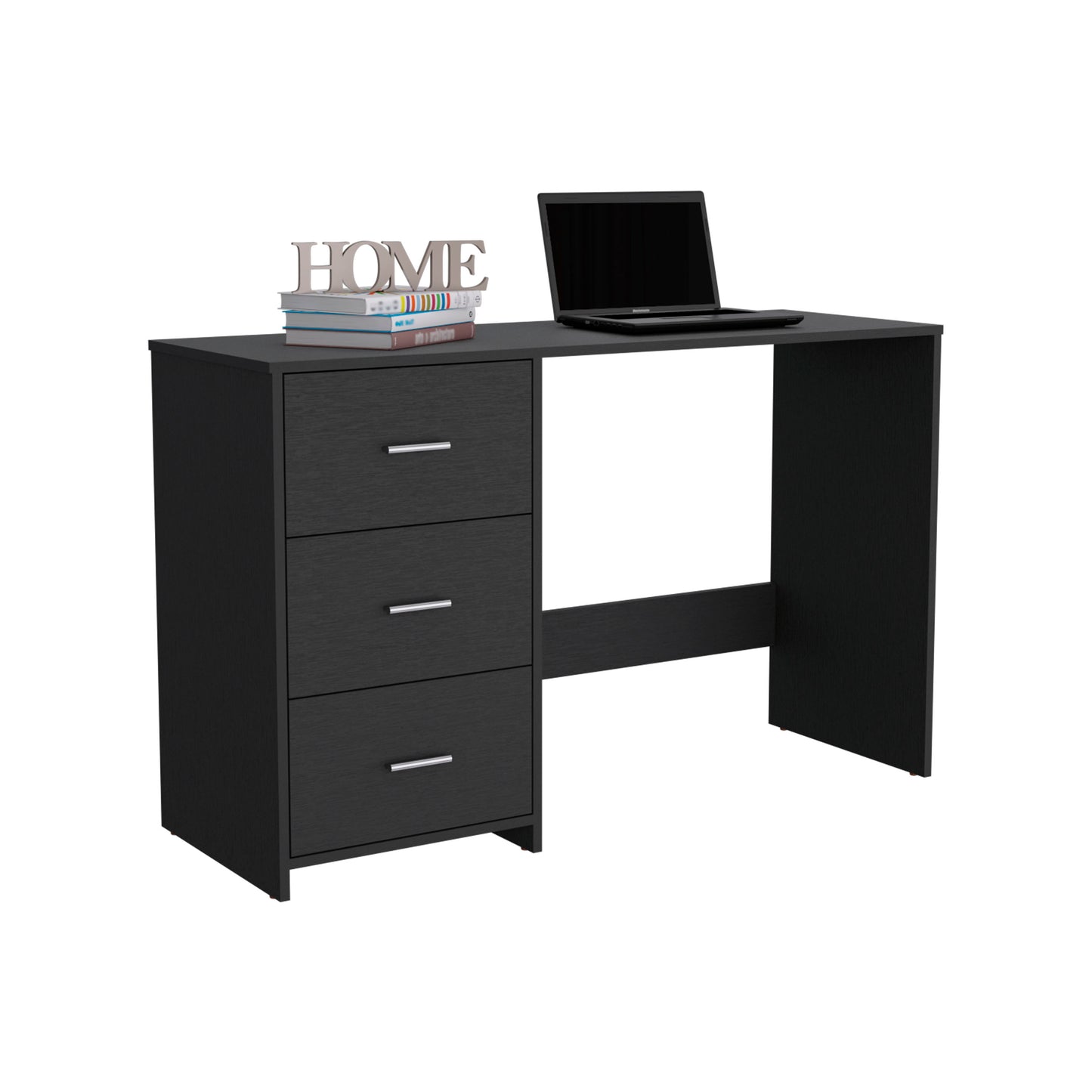Black modern desk with three drawers and laptop for home office