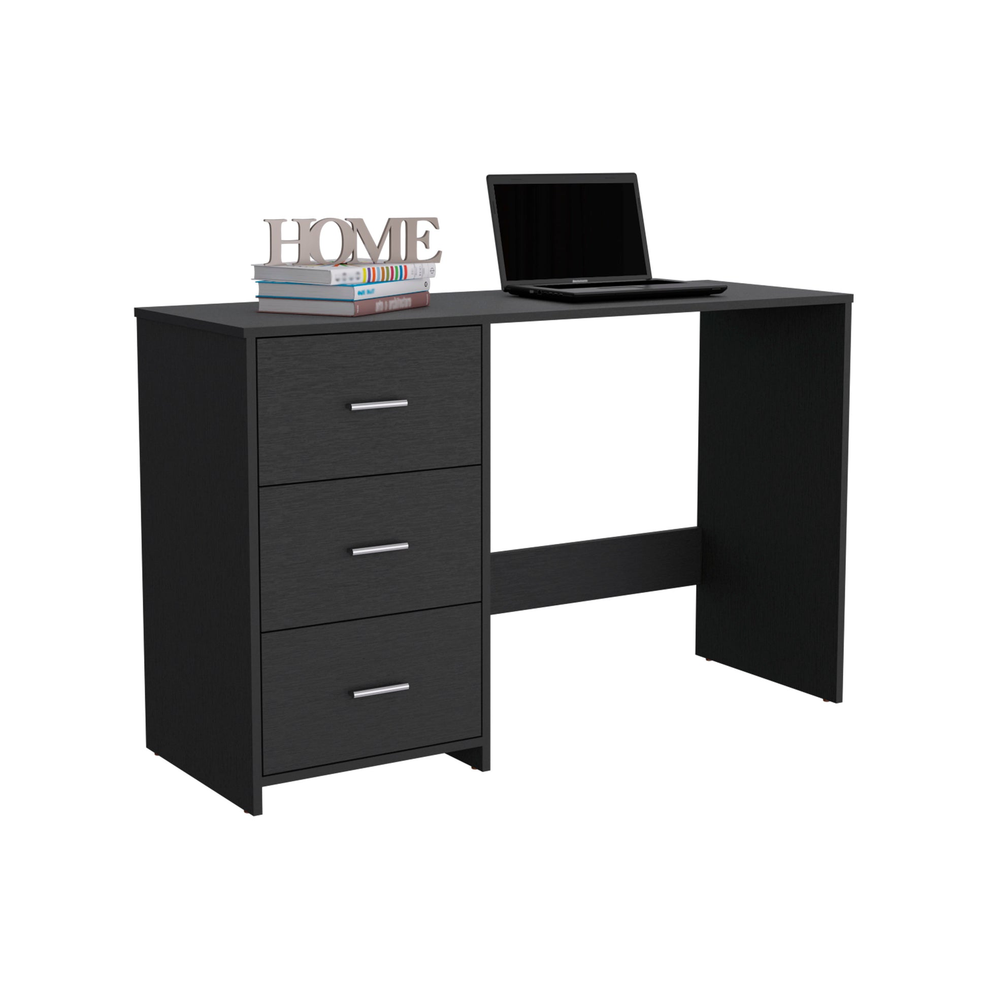 Black modern desk with three drawers and laptop for home office
