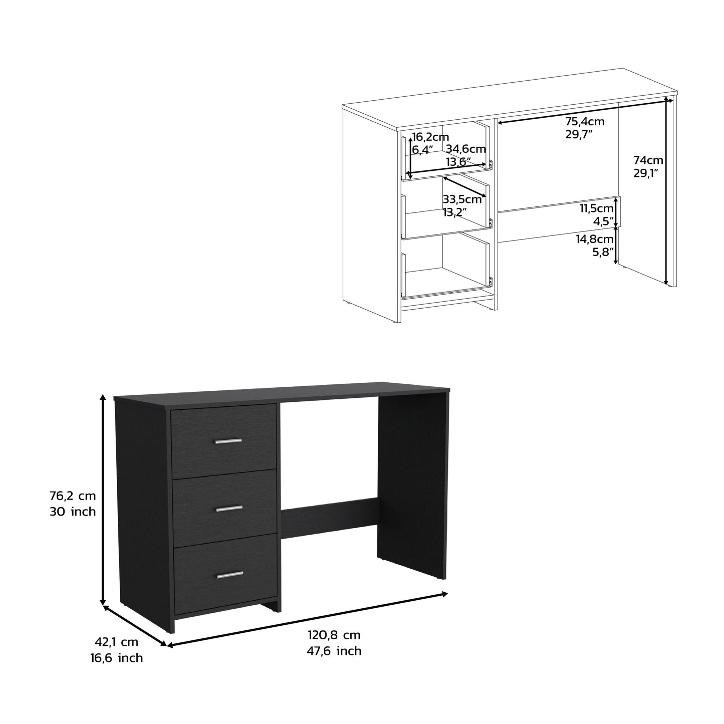 Modern black writing desk with three drawers and open shelf space dimensions cm width