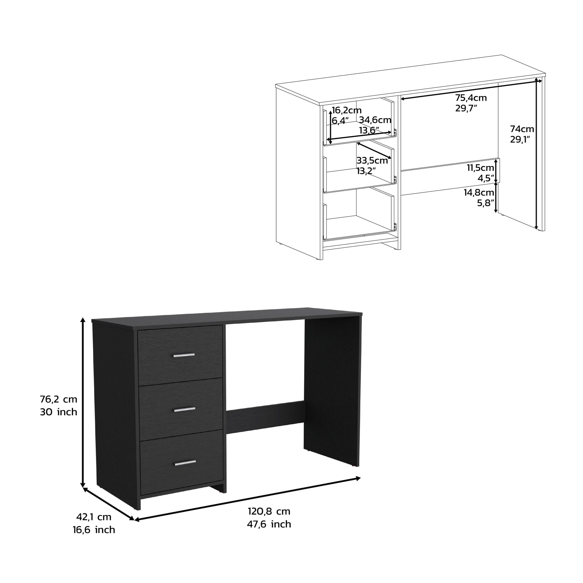 Modern black writing desk with three drawers and open shelf space dimensions cm width