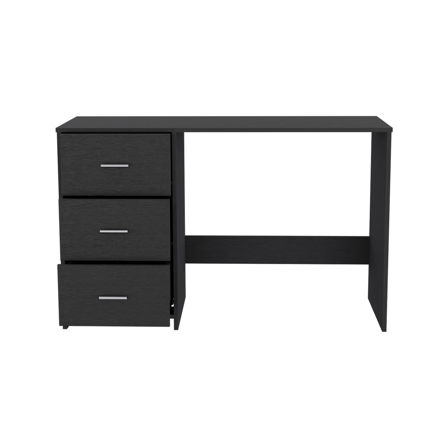 Dark wood veneer computer desk with three drawers and silver handles ideal for home office setup