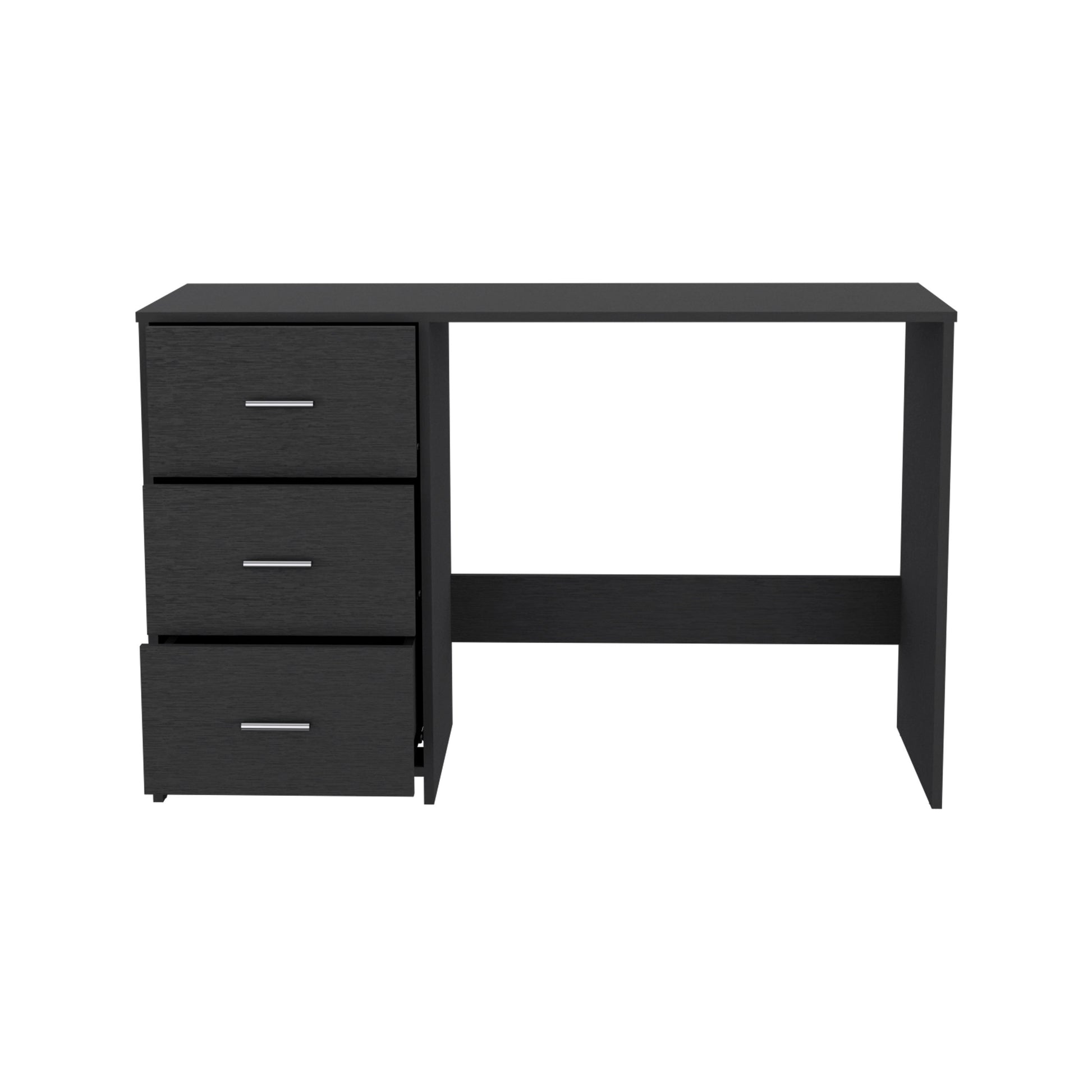 Dark wood veneer computer desk with three drawers and silver handles ideal for home office setup