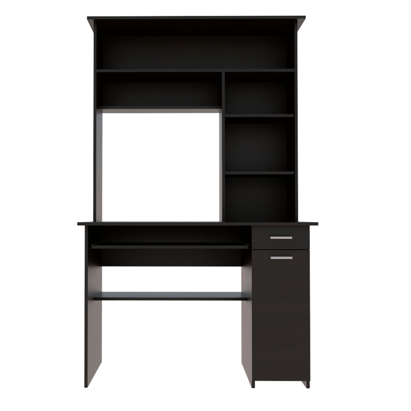 Dark brown computer desk with hutch and multiple shelves