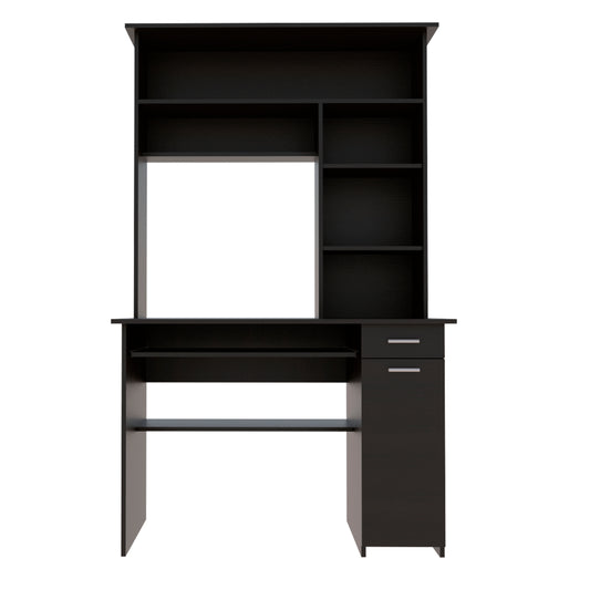 Dark brown computer desk with hutch and multiple shelves