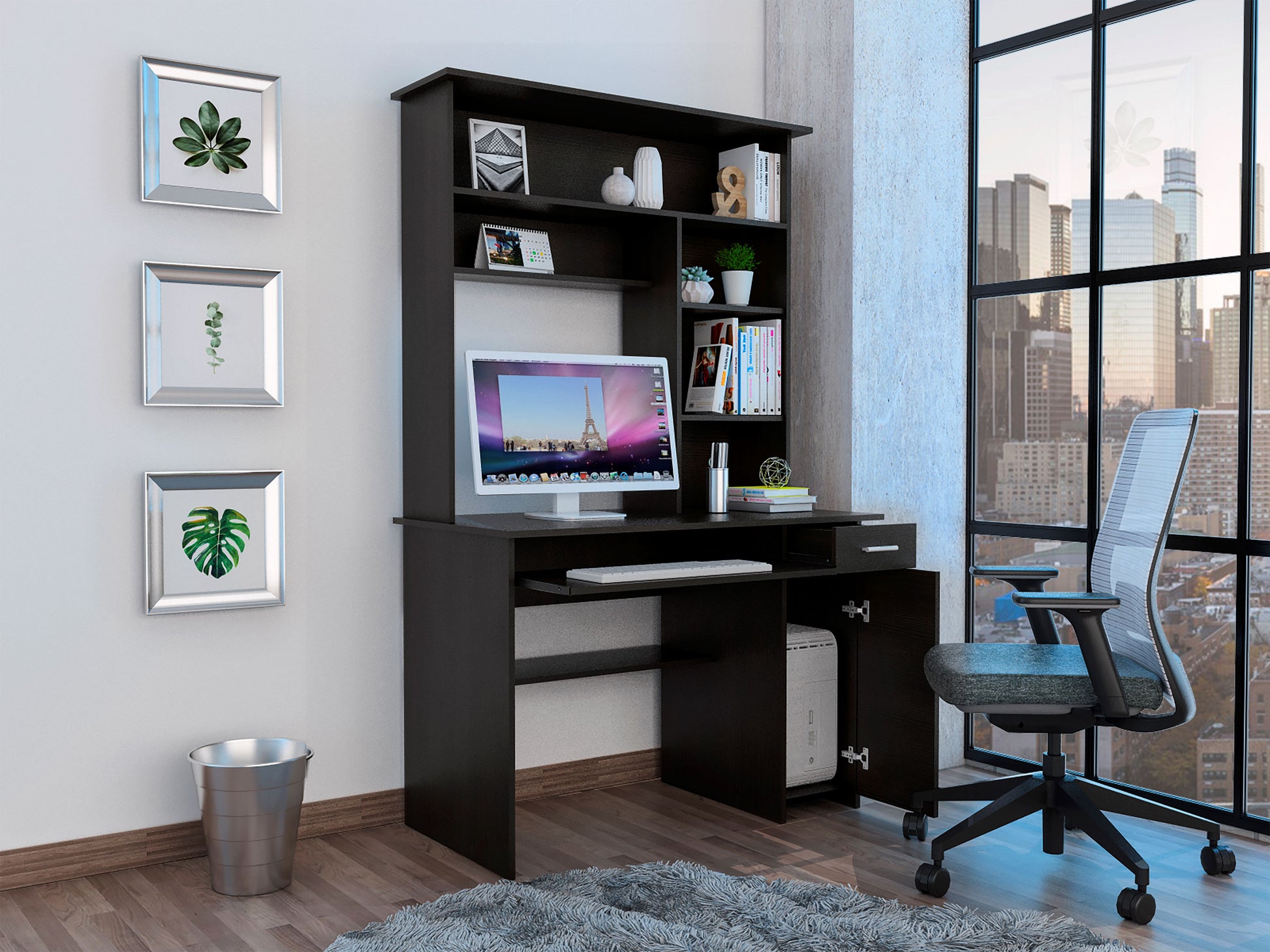 Dark brown computer desk with hutch and keyboard tray