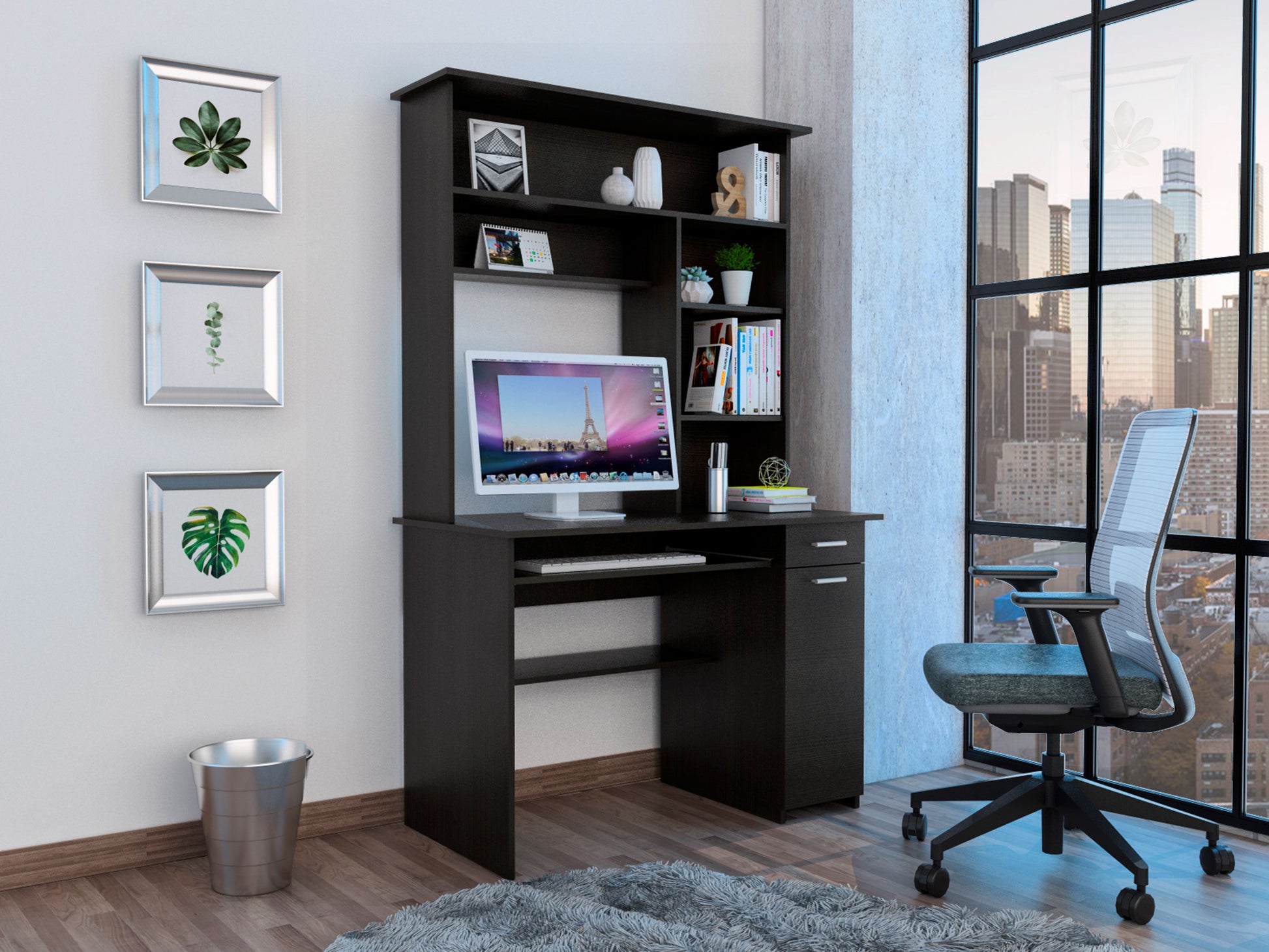 Dark wood computer desk with hutch and integrated shelving for home office setup