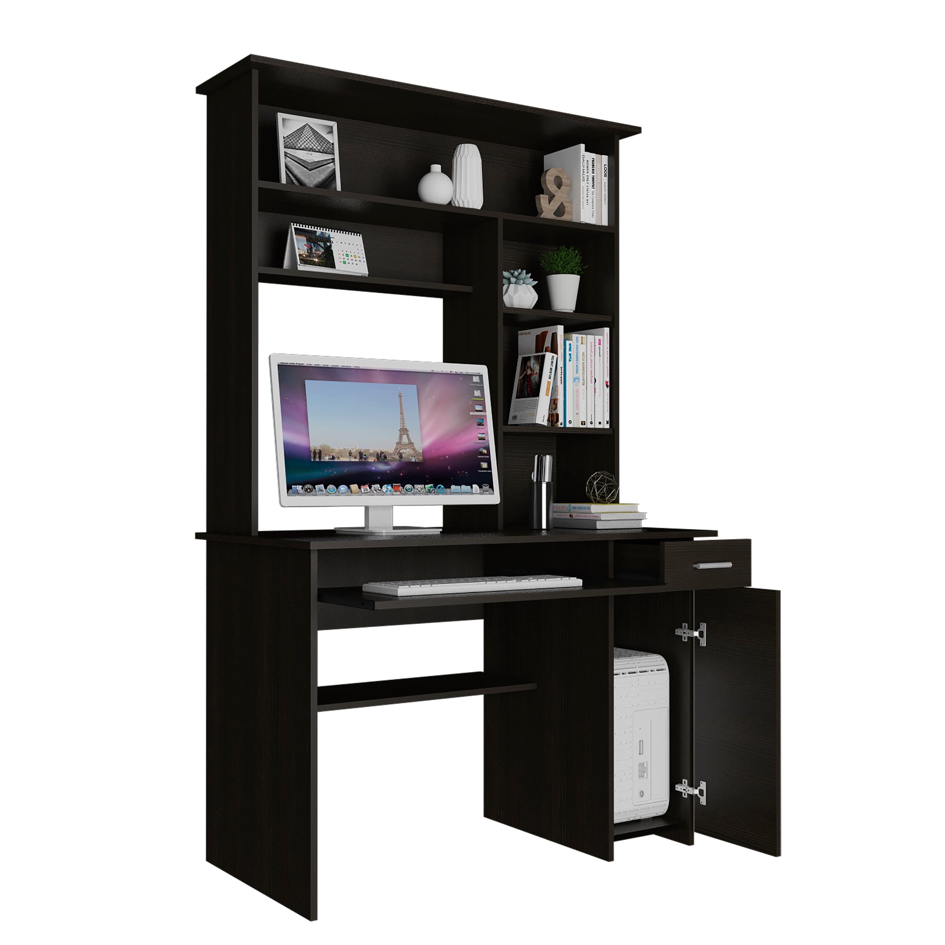 Dark wood computer desk with hutch and storage shelves