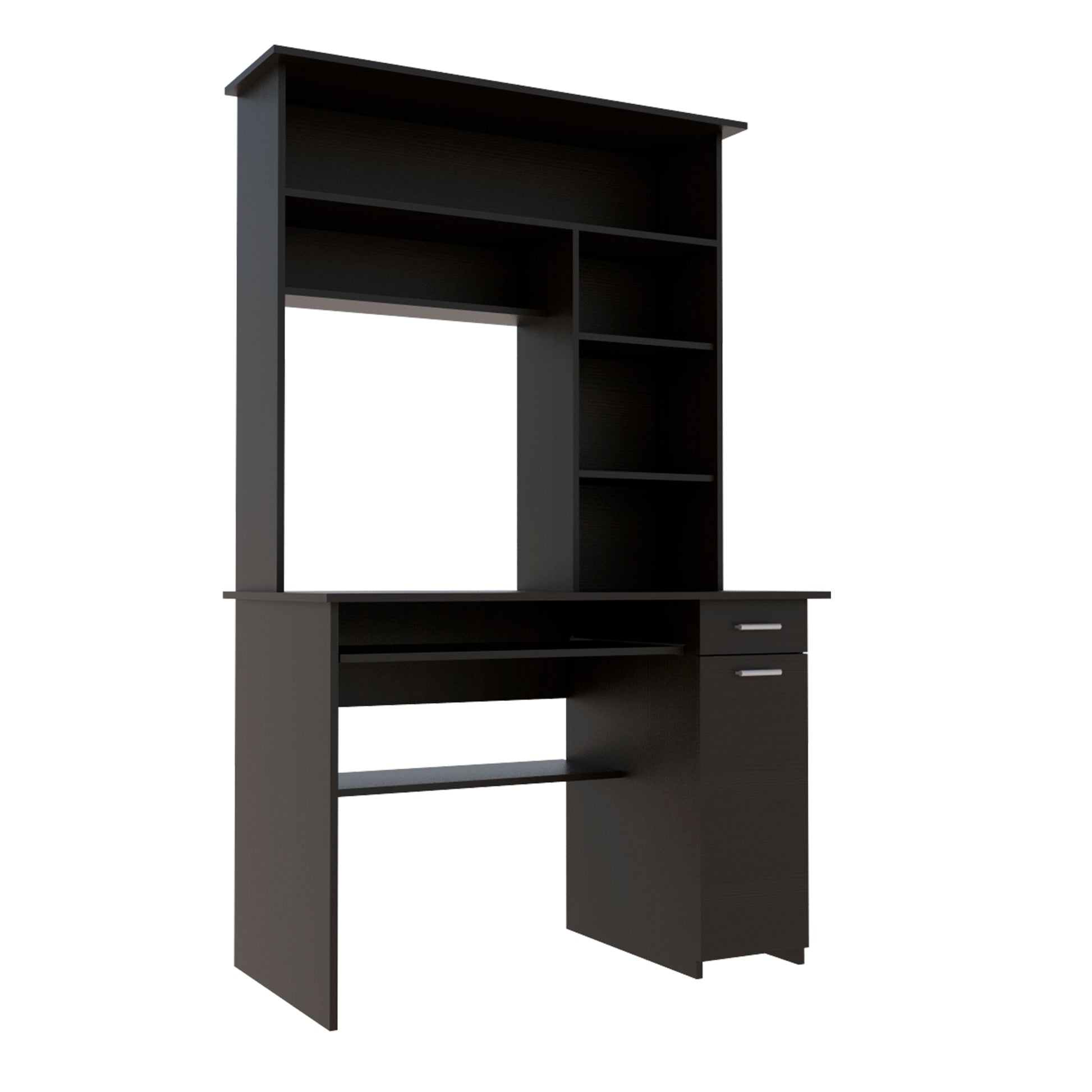Dark wood computer desk with hutch and keyboard tray for home office setup