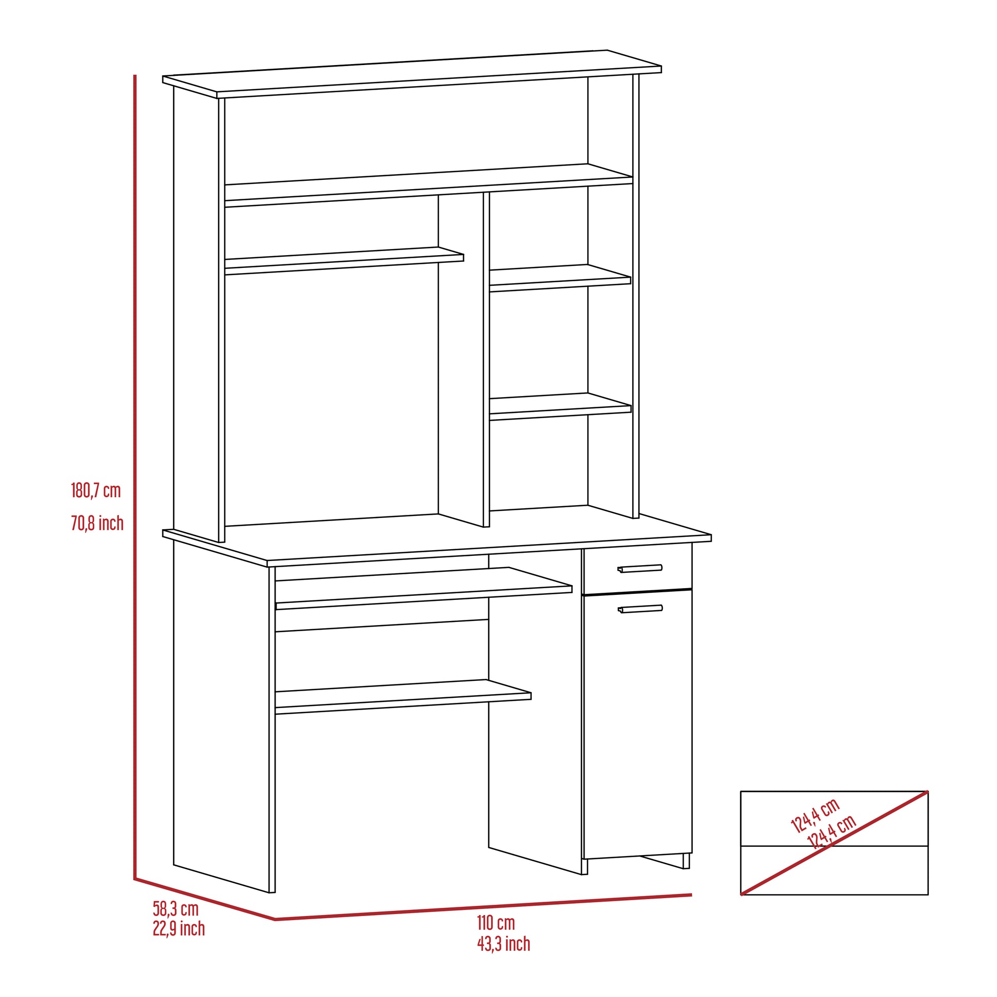 Line drawing of a white computer desk with hutch featuring shelves a keyboard tray and a cabinet Includes dimension callouts