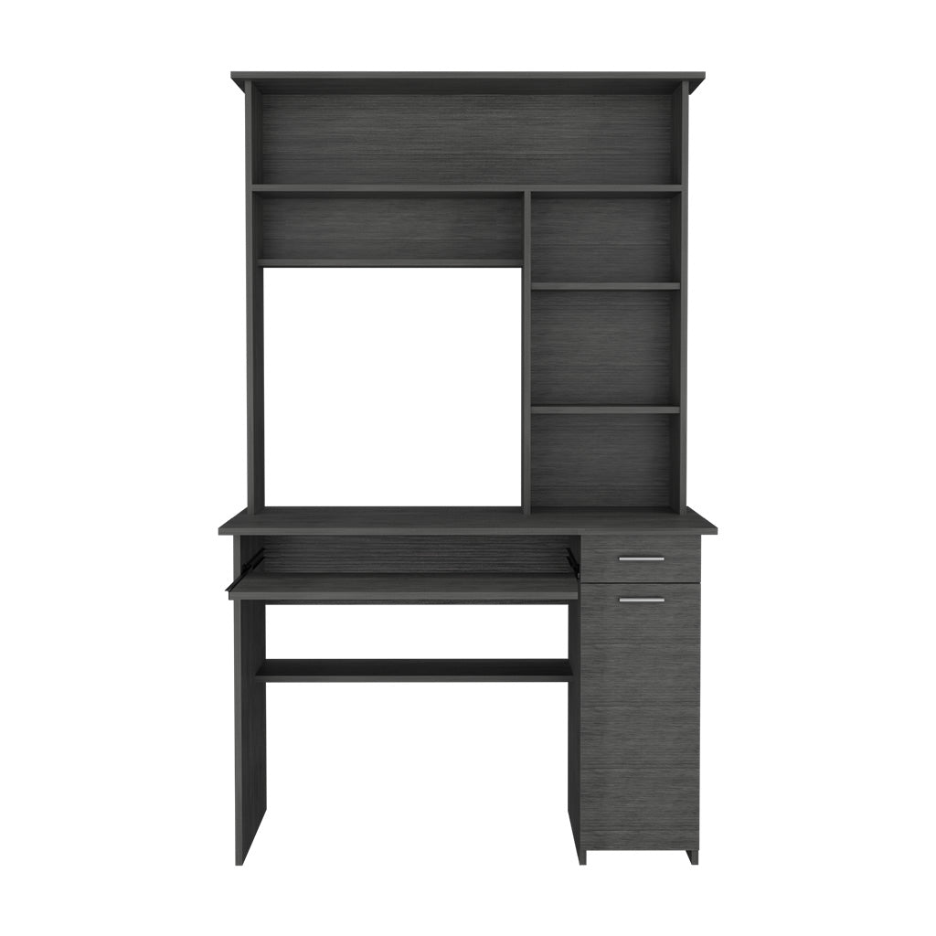 Dark gray particleboard computer desk with hutch and keyboard tray