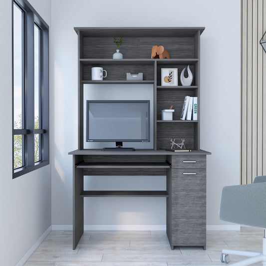 Modern gray computer desk with hutch and drawers for home office
