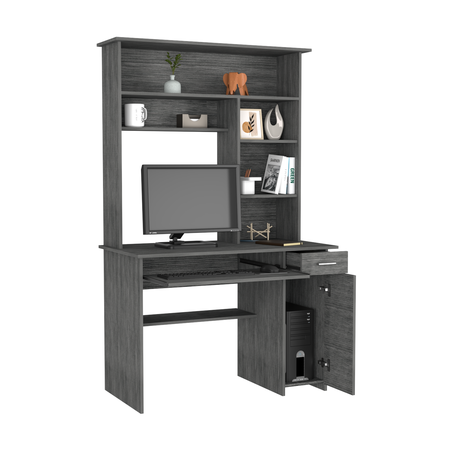 Grey wood computer desk with hutch and storage cabinets