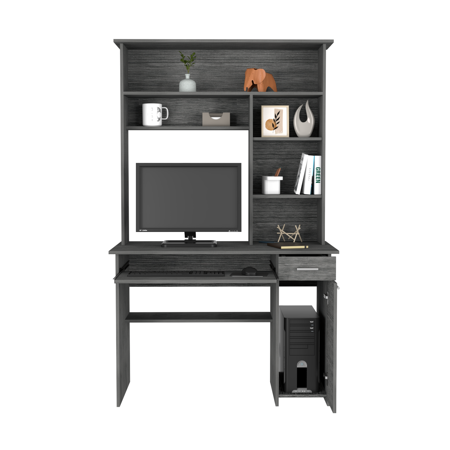 Modern grey computer desk with integrated shelves and monitor stand