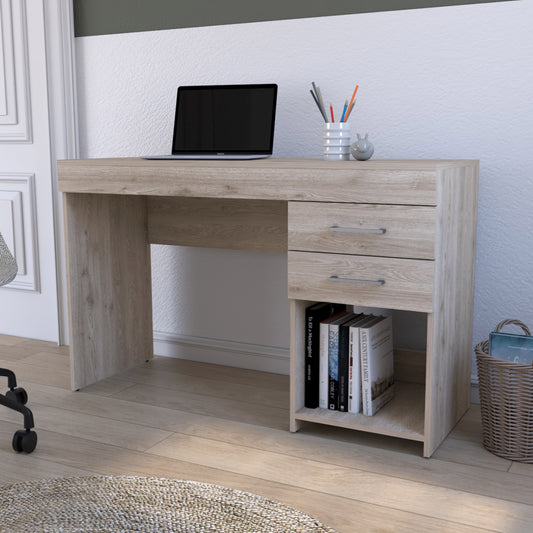 Light oak wood desk with two drawers and open shelving unit