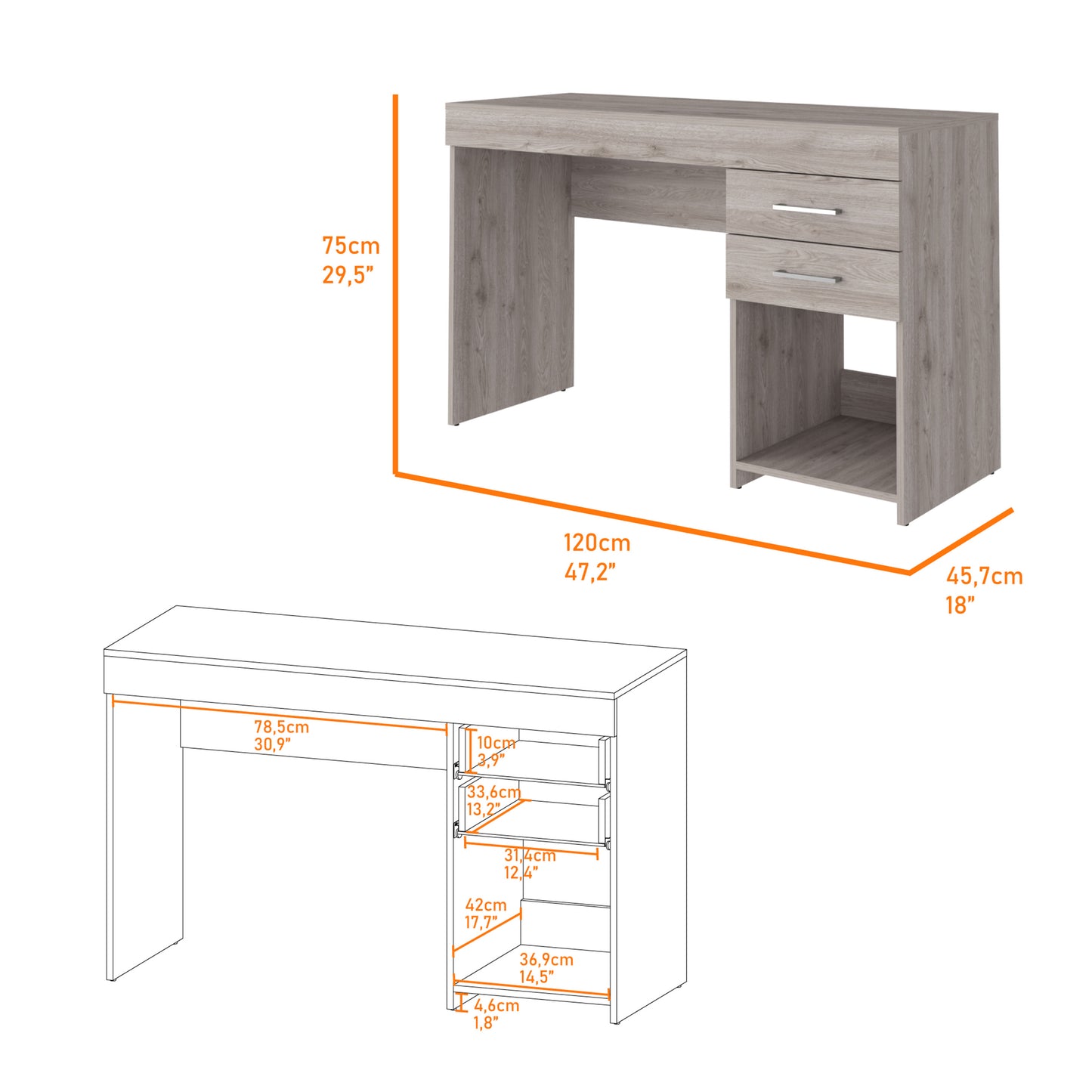 Modern grey wood desk with two drawers and open shelving for home office use