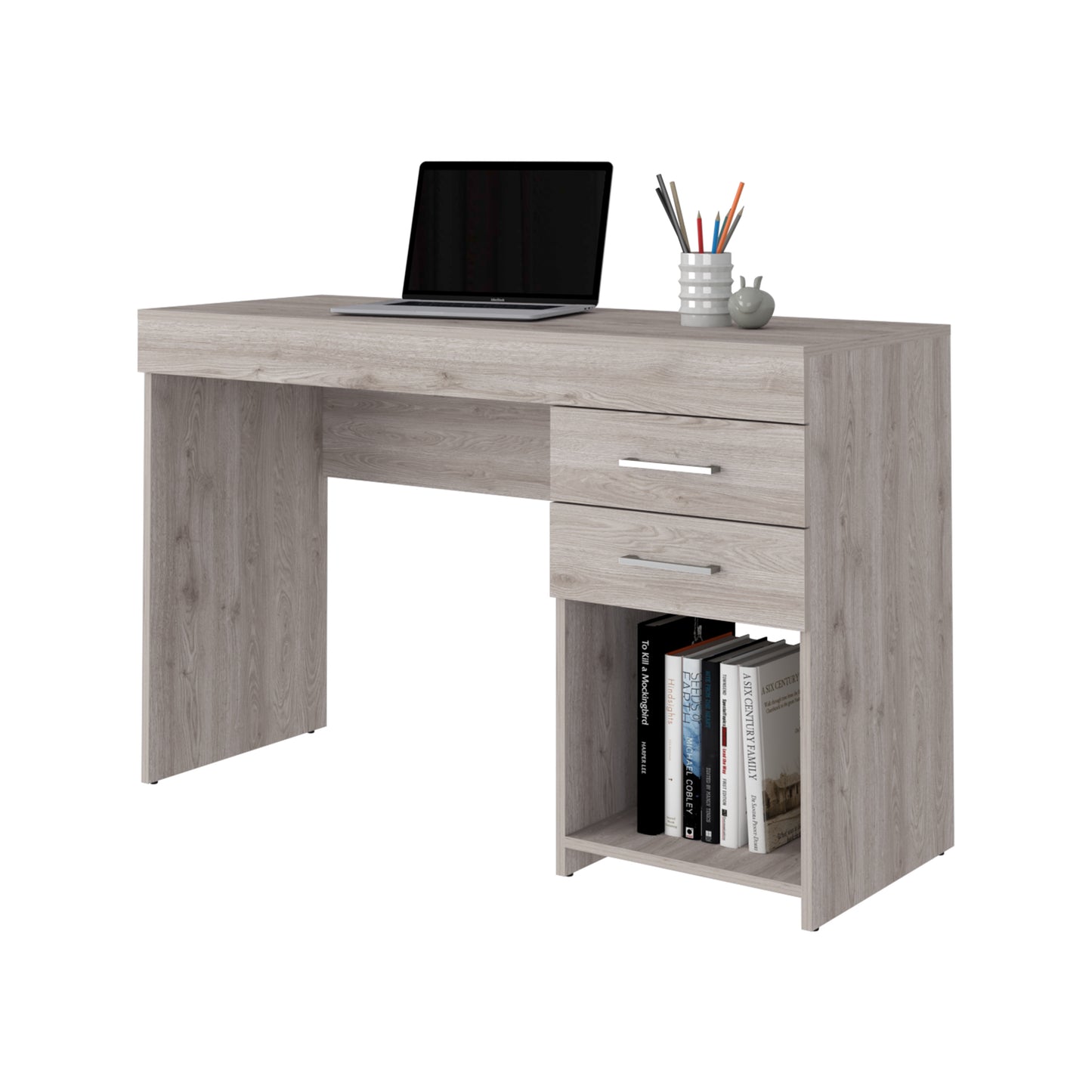 Modern grey wood writing desk with laptop and bookshelf