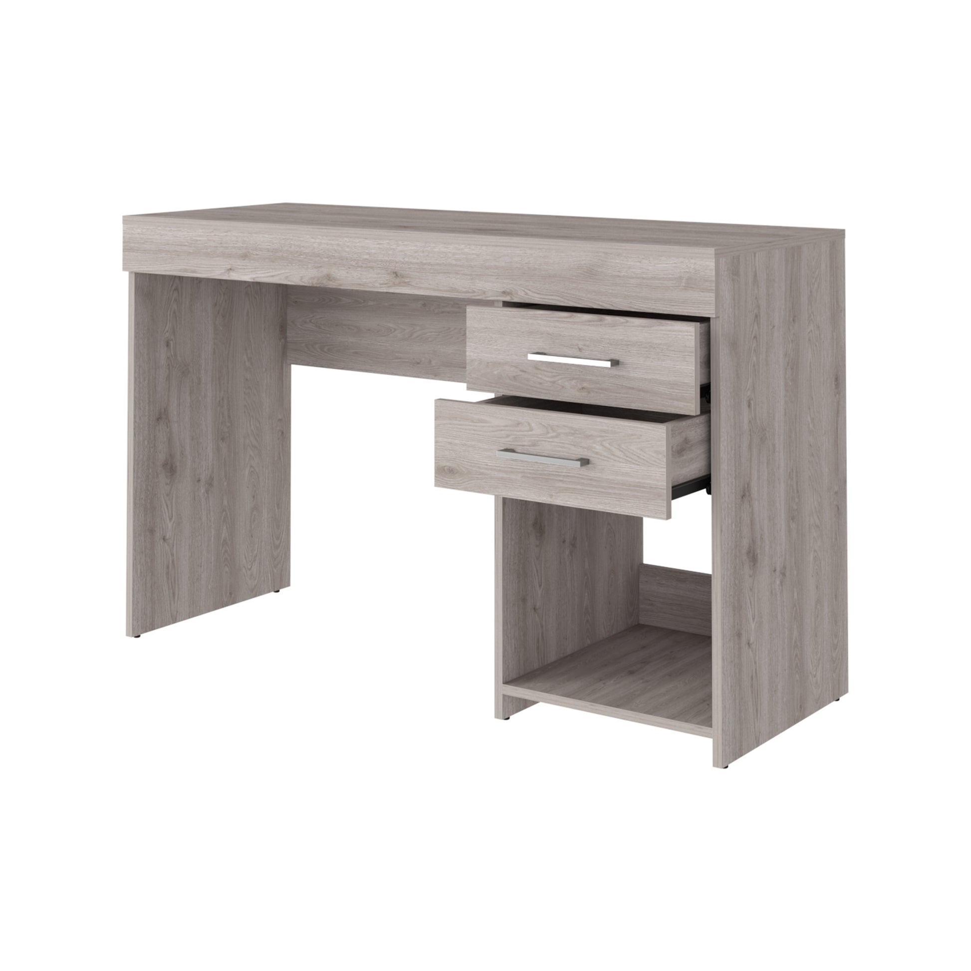 Modern grey wood grain desk with two drawers and open shelf