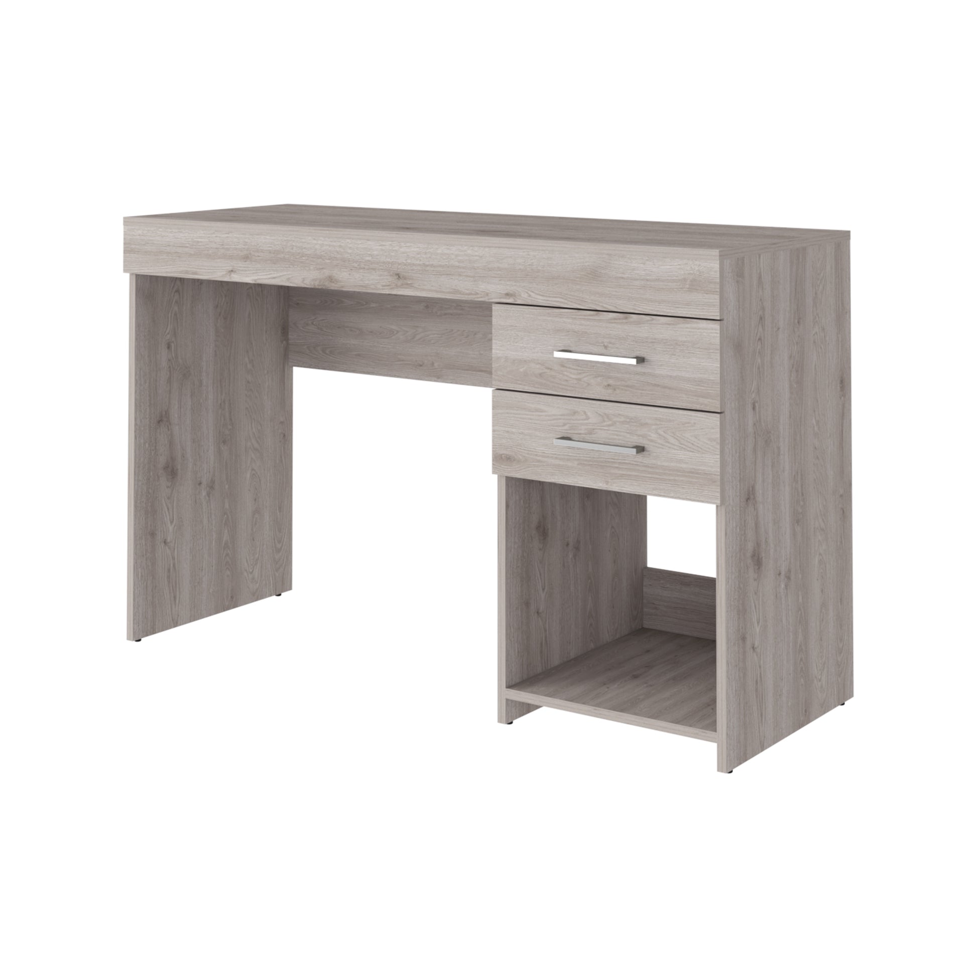 Modern grey wood finish desk with three drawers and open shelving