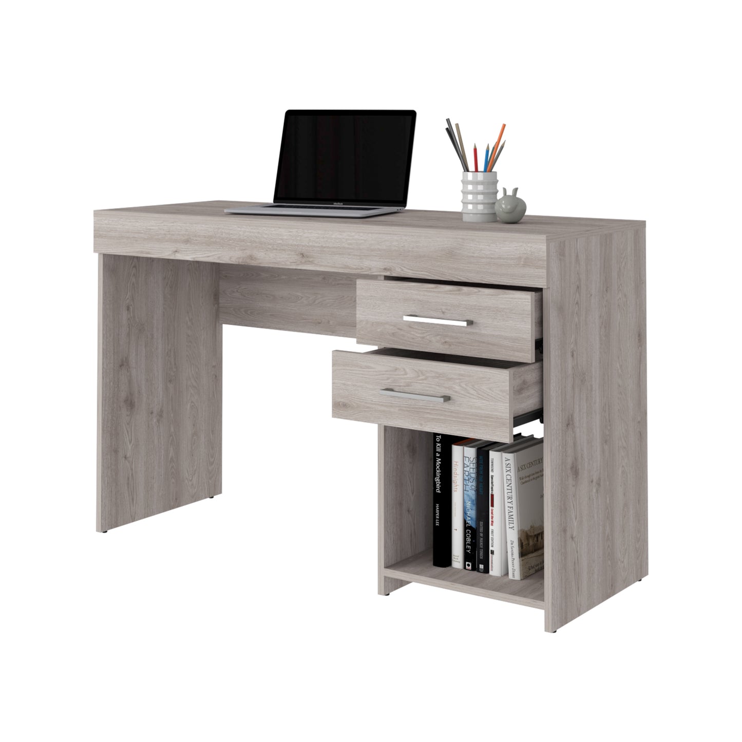 Modern grey wood laminate desk with open shelf and drawers