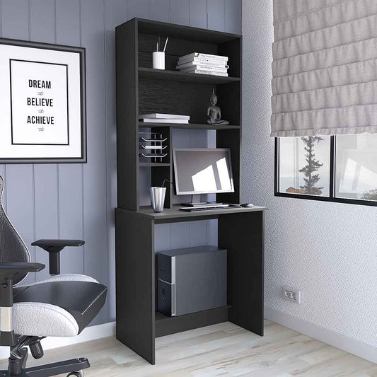 Black modern computer desk with hutch featuring open shelves and integrated storage compartments