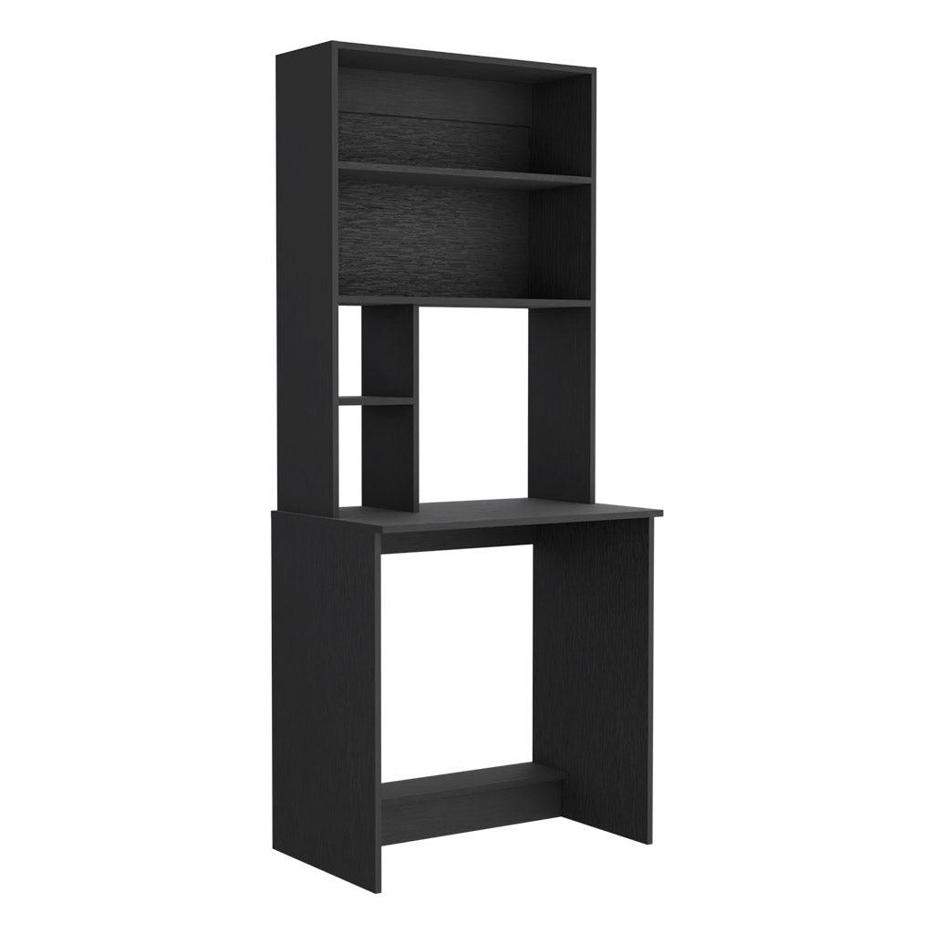 Black wooden computer desk with hutch and shelves for home office organization