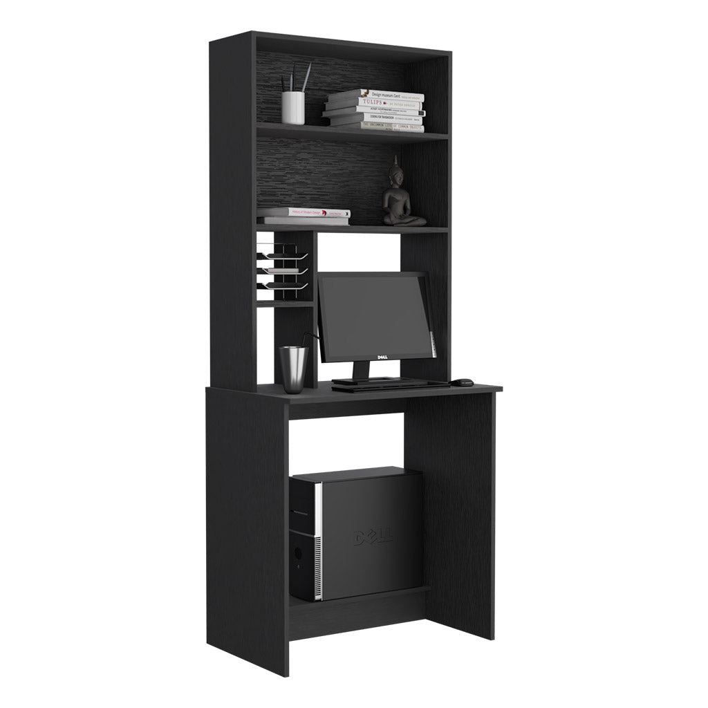 Black wood computer desk with hutch and monitor
