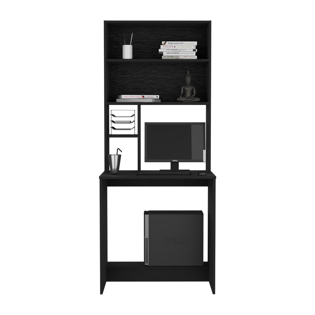 Black modern computer desk with hutch and Dell monitor for home office setup