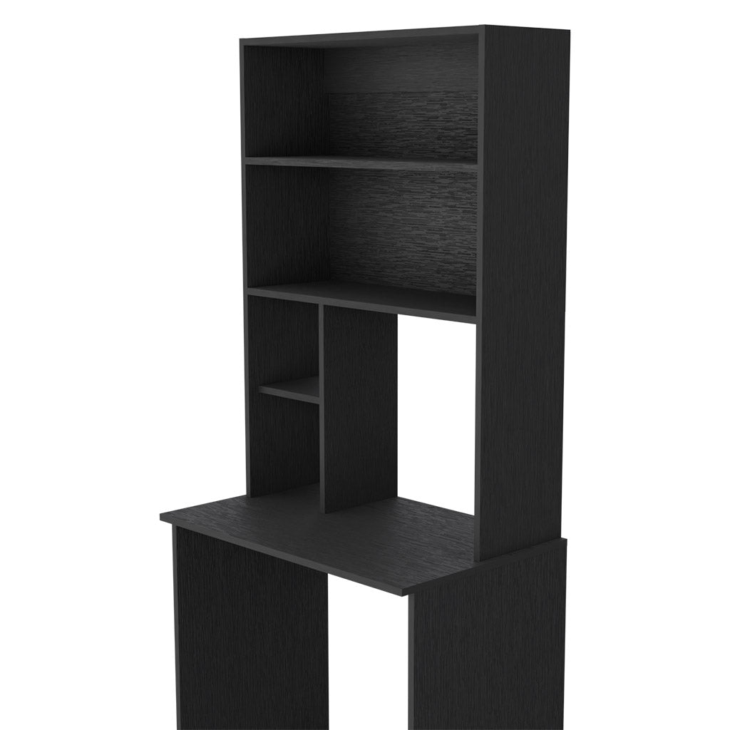 Black wooden computer desk with an integrated hutch and multiple shelves for storage