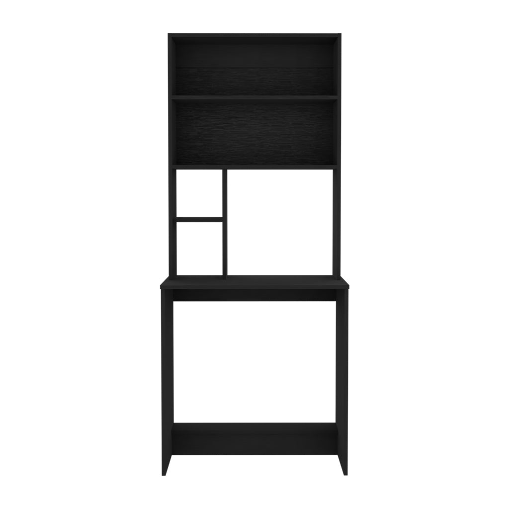 Black wooden desk with hutch featuring multiple shelves and a spacious work surface for home office setups