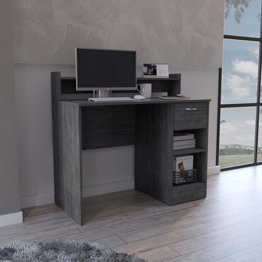 Dark grey wood grain compact desk with keyboard mouse monitor and storage shelves