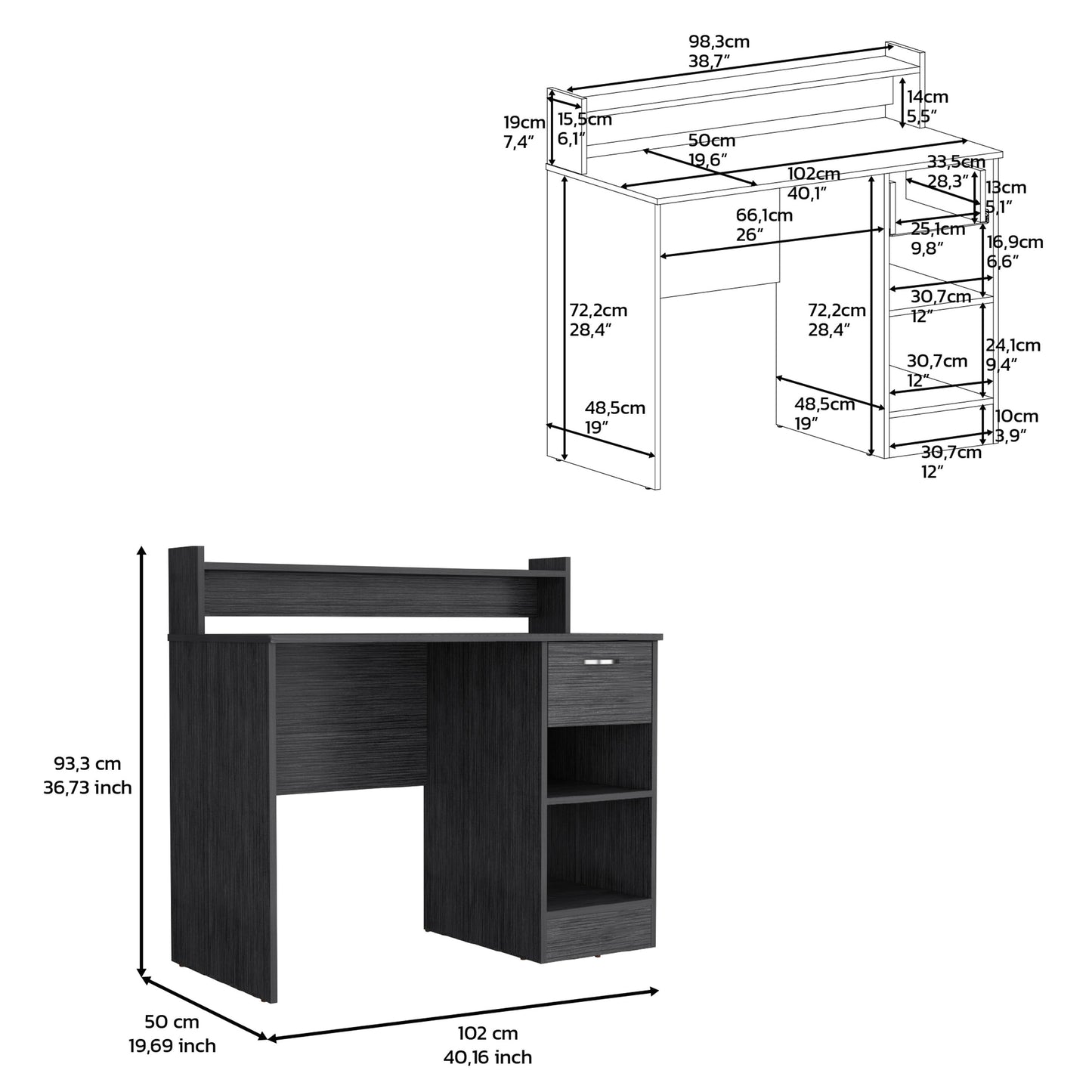 Dark wood computer desk with hutch and storage shelves for home office